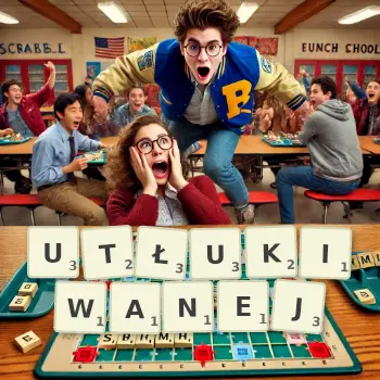 Kreatywna ilustracja do gry w Scrabble ze słowem UTŁUKIWANEJ ułożonym z płytek na planszy.