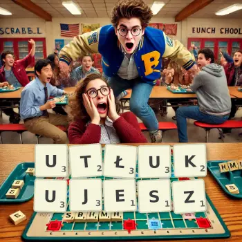 Kreatywna ilustracja do gry w Scrabble ze słowem UTŁUKUJESZ ułożonym z płytek na planszy.