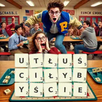 Kreatywna ilustracja do gry w Scrabble ze słowem UTŁUŚCIŁYBYŚCIE ułożonym z płytek na planszy.