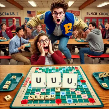 Kreatywna ilustracja do gry w Scrabble ze słowem UUU ułożonym z płytek na planszy.