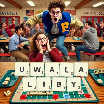 Kreatywna ilustracja do gry w Scrabble ze słowem UWALALIBY ułożonym z płytek na planszy.