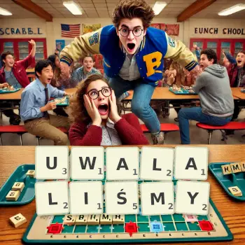 Kreatywna ilustracja do gry w Scrabble ze słowem UWALALIŚMY ułożonym z płytek na planszy.