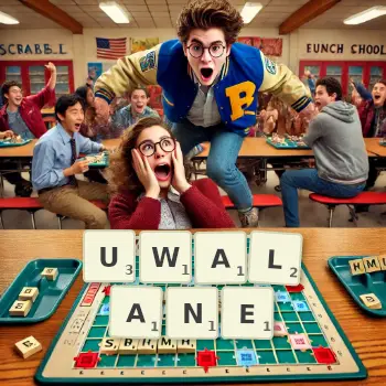 Kreatywna ilustracja do gry w Scrabble ze słowem UWALANE ułożonym z płytek na planszy.