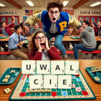 Kreatywna ilustracja do gry w Scrabble ze słowem UWALCIE ułożonym z płytek na planszy.