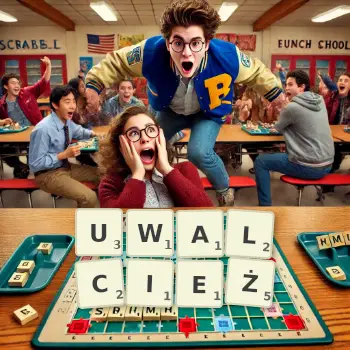 Kreatywna ilustracja do gry w Scrabble ze słowem UWALCIEŻ ułożonym z płytek na planszy.