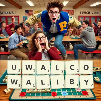 Kreatywna ilustracja do gry w Scrabble ze słowem UWALCOWALIBY ułożonym z płytek na planszy.