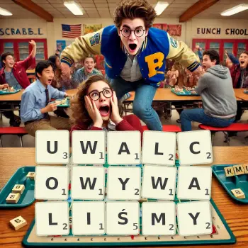 Kreatywna ilustracja do gry w Scrabble ze słowem UWALCOWYWALIŚMY ułożonym z płytek na planszy.