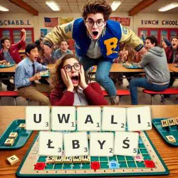 Kreatywna ilustracja do gry w Scrabble ze słowem UWALIŁBYŚ ułożonym z płytek na planszy.