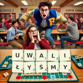 Kreatywna ilustracja do gry w Scrabble ze słowem UWALIŁYŚMY ułożonym z płytek na planszy.