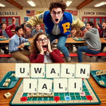 Kreatywna ilustracja do gry w Scrabble ze słowem UWALNIALI ułożonym z płytek na planszy.