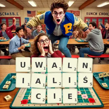 Kreatywna ilustracja do gry w Scrabble ze słowem UWALNIALIŚCIE ułożonym z płytek na planszy.