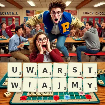 Kreatywna ilustracja do gry w Scrabble ze słowem UWARSTWIAJMY ułożonym z płytek na planszy.