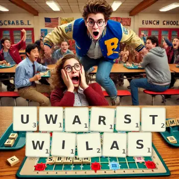 Kreatywna ilustracja do gry w Scrabble ze słowem UWARSTWILAS ułożonym z płytek na planszy.