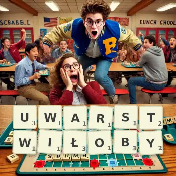 Kreatywna ilustracja do gry w Scrabble ze słowem UWARSTWIŁOBY ułożonym z płytek na planszy.