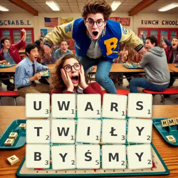 Kreatywna ilustracja do gry w Scrabble ze słowem UWARSTWIŁYBYŚMY ułożonym z płytek na planszy.