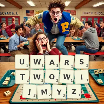 Kreatywna ilustracja do gry w Scrabble ze słowem UWARSTWOWIJMYZ ułożonym z płytek na planszy.