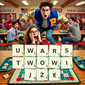 Kreatywna ilustracja do gry w Scrabble ze słowem UWARSTWOWIJŻE ułożonym z płytek na planszy.