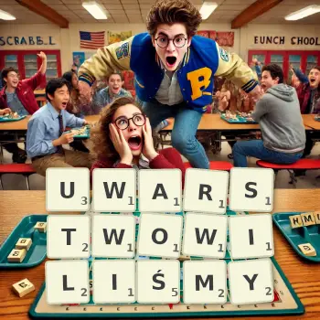 Kreatywna ilustracja do gry w Scrabble ze słowem UWARSTWOWILIŚMY ułożonym z płytek na planszy.