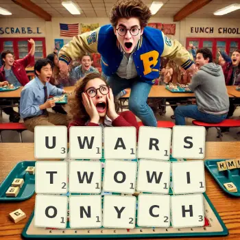 Kreatywna ilustracja do gry w Scrabble ze słowem UWARSTWOWIONYCH ułożonym z płytek na planszy.