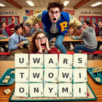 Kreatywna ilustracja do gry w Scrabble ze słowem UWARSTWOWIONYMI ułożonym z płytek na planszy.