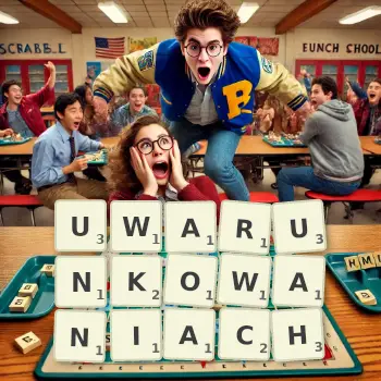 Kreatywna ilustracja do gry w Scrabble ze słowem UWARUNKOWANIACH ułożonym z płytek na planszy.