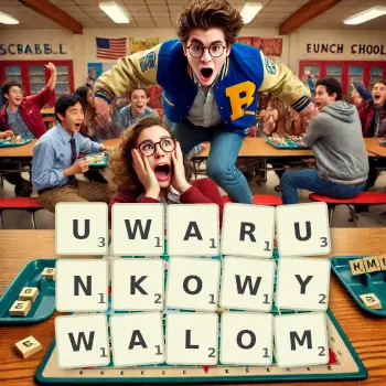 Kreatywna ilustracja do gry w Scrabble ze słowem UWARUNKOWYWALOM ułożonym z płytek na planszy.