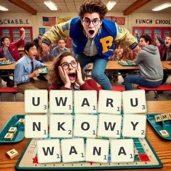 Kreatywna ilustracja do gry w Scrabble ze słowem UWARUNKOWYWANA ułożonym z płytek na planszy.