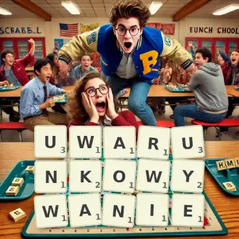 Kreatywna ilustracja do gry w Scrabble ze słowem UWARUNKOWYWANIE ułożonym z płytek na planszy.