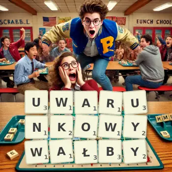 Kreatywna ilustracja do gry w Scrabble ze słowem UWARUNKOWYWAŁBY ułożonym z płytek na planszy.