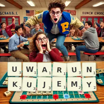 Kreatywna ilustracja do gry w Scrabble ze słowem UWARUNKUJEMY ułożonym z płytek na planszy.