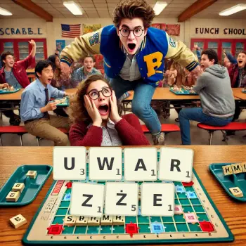 Kreatywna ilustracja do gry w Scrabble ze słowem UWARZŻE ułożonym z płytek na planszy.