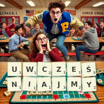 Kreatywna ilustracja do gry w Scrabble ze słowem UWCZEŚNIAJMY ułożonym z płytek na planszy.