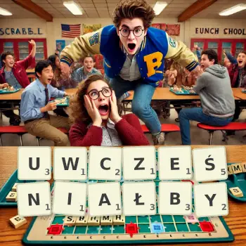 Kreatywna ilustracja do gry w Scrabble ze słowem UWCZEŚNIAŁBY ułożonym z płytek na planszy.