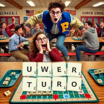 Kreatywna ilustracja do gry w Scrabble ze słowem UWERTURO ułożonym z płytek na planszy.