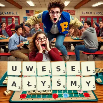 Kreatywna ilustracja do gry w Scrabble ze słowem UWESELAŁYŚMY ułożonym z płytek na planszy.