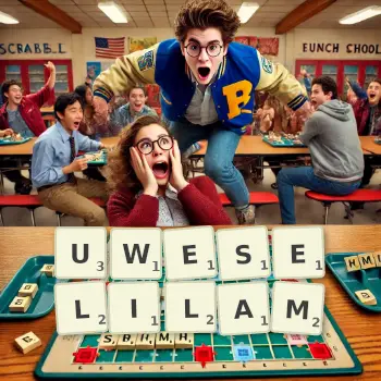 Kreatywna ilustracja do gry w Scrabble ze słowem UWESELILAM ułożonym z płytek na planszy.