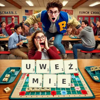 Kreatywna ilustracja do gry w Scrabble ze słowem UWEŹMIE ułożonym z płytek na planszy.