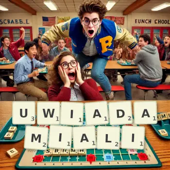 Kreatywna ilustracja do gry w Scrabble ze słowem UWIADAMIALI ułożonym z płytek na planszy.