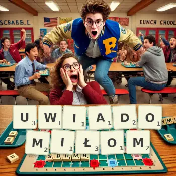 Kreatywna ilustracja do gry w Scrabble ze słowem UWIADOMIŁOM ułożonym z płytek na planszy.