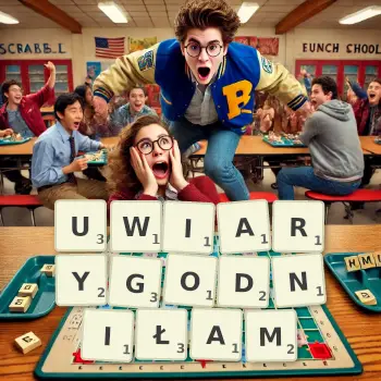 Kreatywna ilustracja do gry w Scrabble ze słowem UWIARYGODNIŁAM ułożonym z płytek na planszy.