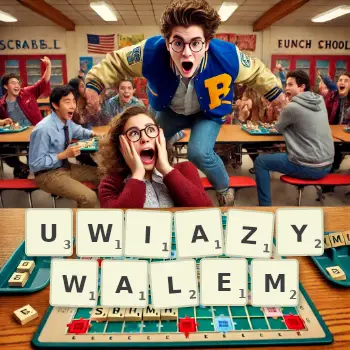 Kreatywna ilustracja do gry w Scrabble ze słowem UWIAZYWALEM ułożonym z płytek na planszy.