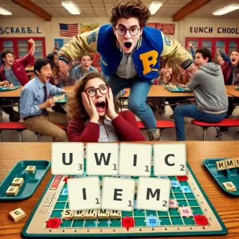 Kreatywna ilustracja do gry w Scrabble ze słowem UWICIEM ułożonym z płytek na planszy.