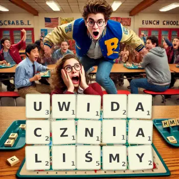 Kreatywna ilustracja do gry w Scrabble ze słowem UWIDACZNIALIŚMY ułożonym z płytek na planszy.