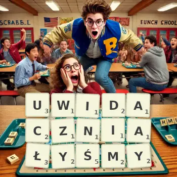 Kreatywna ilustracja do gry w Scrabble ze słowem UWIDACZNIAŁYŚMY ułożonym z płytek na planszy.