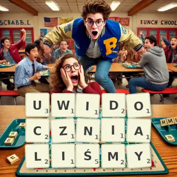 Kreatywna ilustracja do gry w Scrabble ze słowem UWIDOCZNIALIŚMY ułożonym z płytek na planszy.