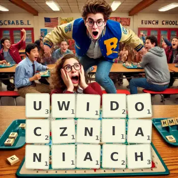 Kreatywna ilustracja do gry w Scrabble ze słowem UWIDOCZNIANIACH ułożonym z płytek na planszy.