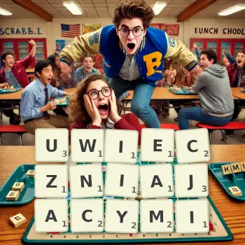 Kreatywna ilustracja do gry w Scrabble ze słowem UWIECZNIAJACYMI ułożonym z płytek na planszy.