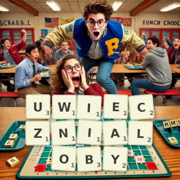 Kreatywna ilustracja do gry w Scrabble ze słowem UWIECZNIALOBY ułożonym z płytek na planszy.