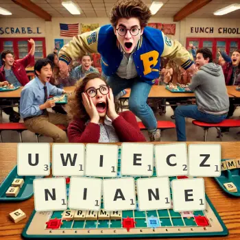 Kreatywna ilustracja do gry w Scrabble ze słowem UWIECZNIANE ułożonym z płytek na planszy.