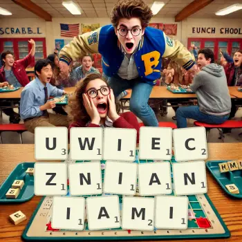 Kreatywna ilustracja do gry w Scrabble ze słowem UWIECZNIANIAMI ułożonym z płytek na planszy.